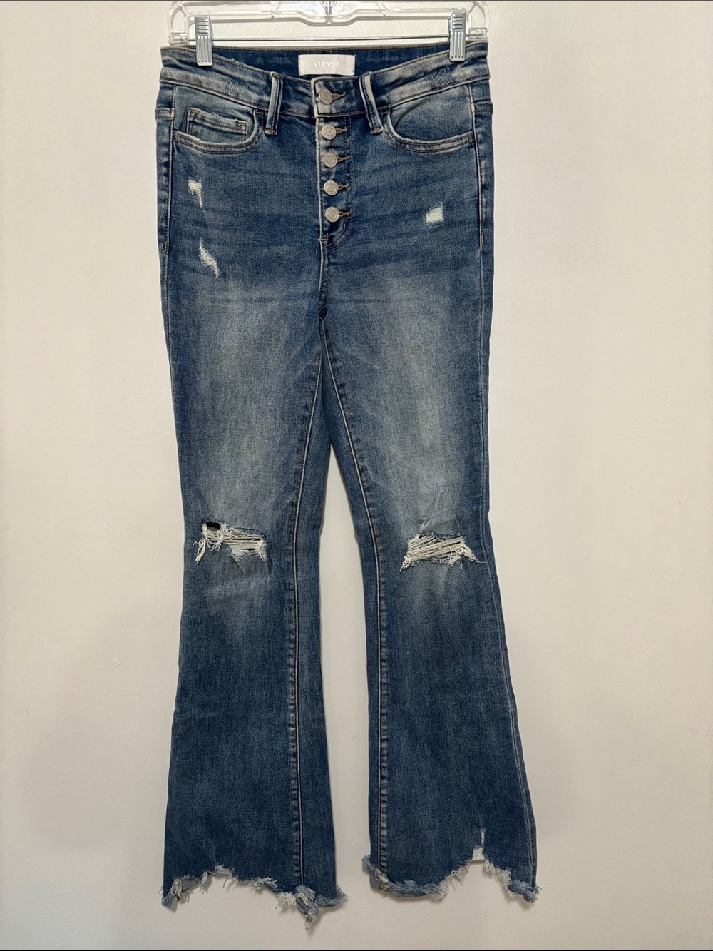 VERVET Blue High Rise Button Fly Distressed Flare Jeans Raw Hem Size 26